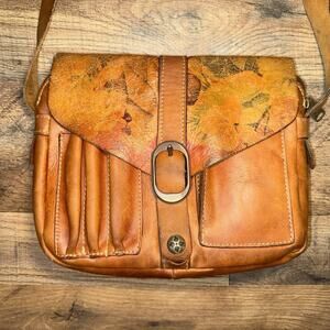 Patricia Nash Brown Leather Purse Crossbody Floral Flap Handbag bag